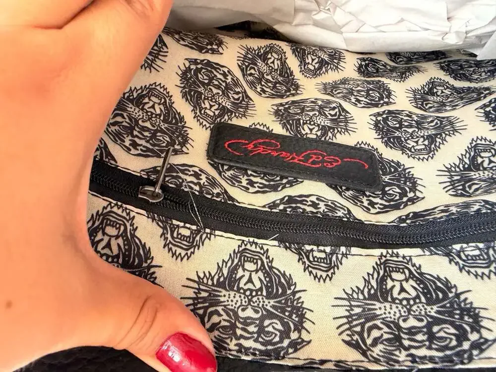Ed Hardy Studded Tote Shoulder Bag with Chain Charm Gothic Logo Black
